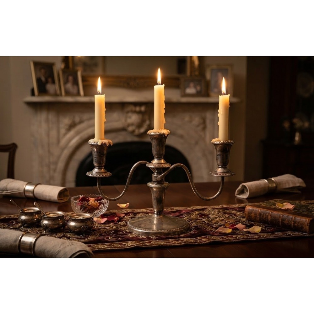 Sheffield Silver Co 3 Light Candelabra Silver Plate Gadroon Trim 12 Inch Wide